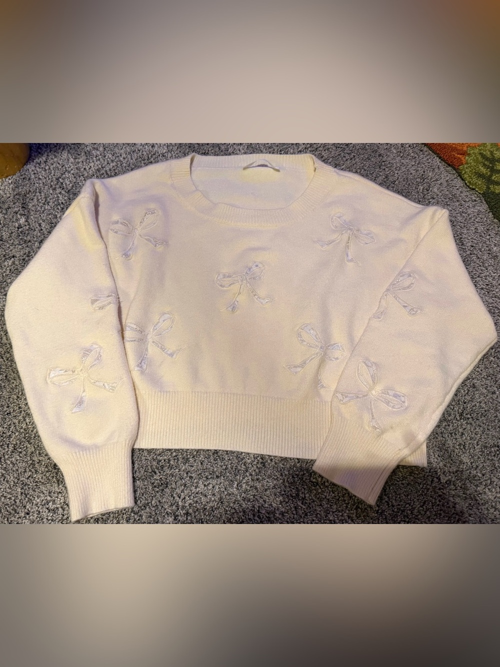 Altar'd State Cream Bow-Appliqué Crewneck Sweater